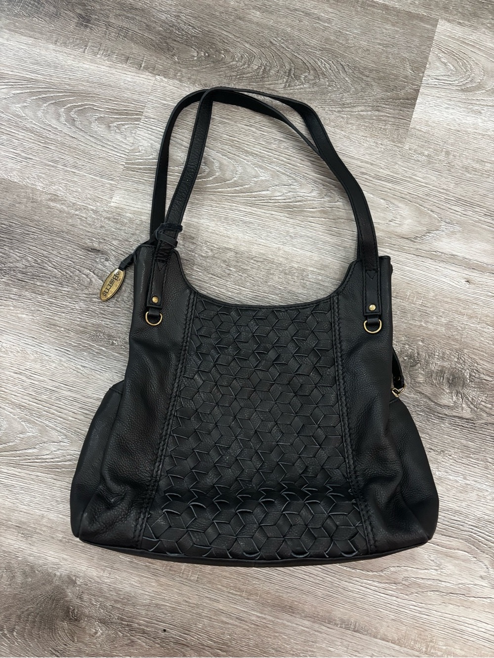 Born Black Woven Leather Shoulder Bag with Brass Accent Genuine Leather